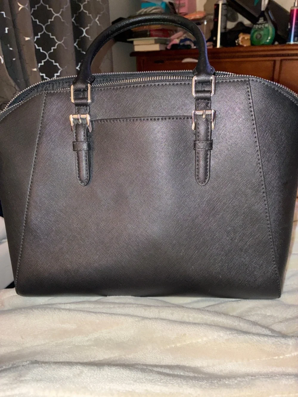 Michael Kors Black Leather Dome Satchel with Gold Hardware